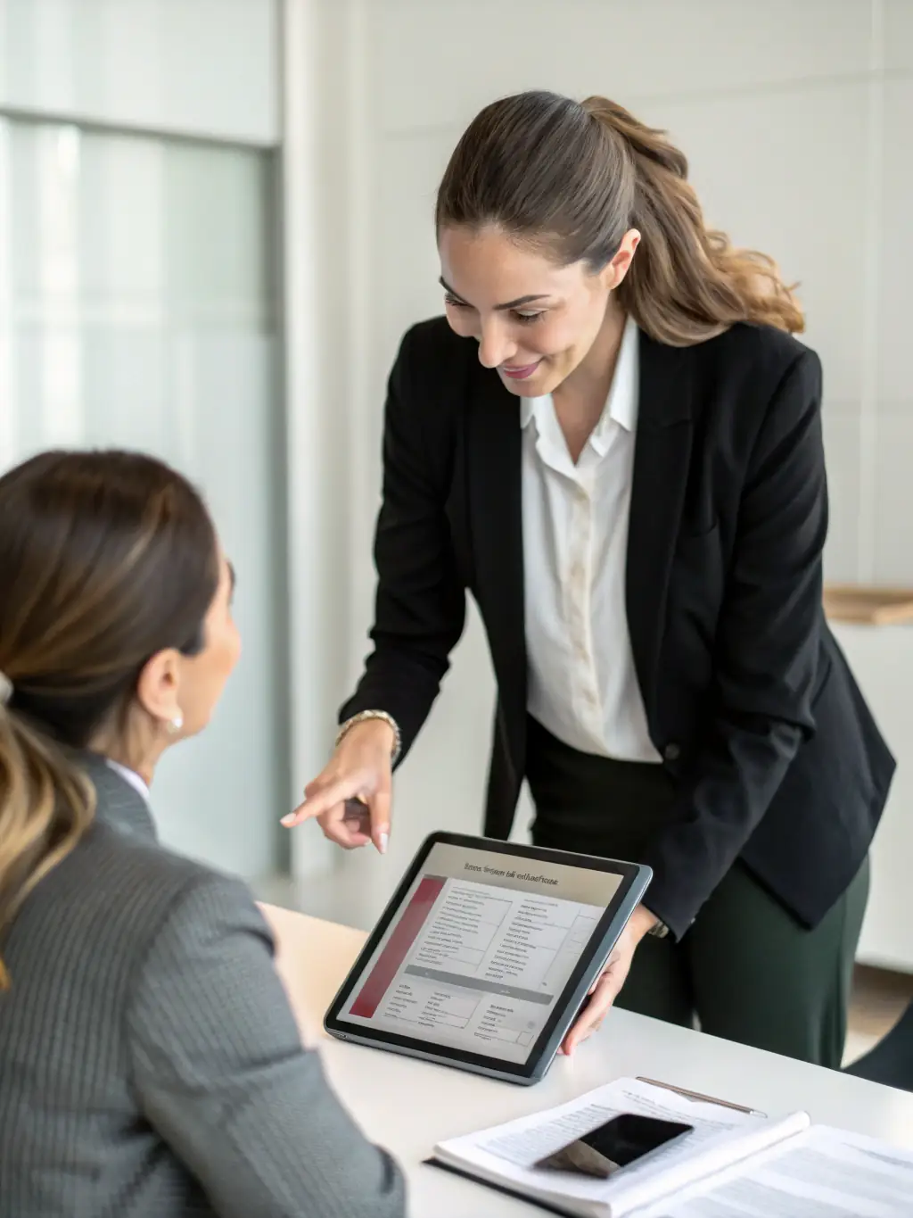 A consultant presenting a grant report to a client, demonstrating clear communication and results-oriented reporting.