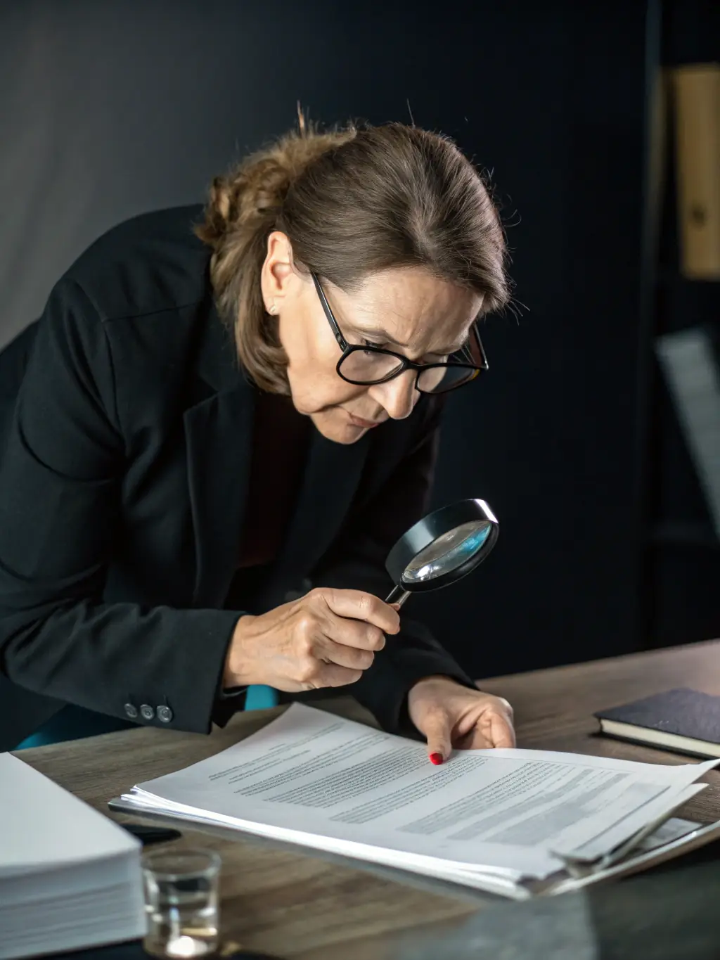 A focused consultant reviewing a grant application document with a magnifying glass, highlighting attention to detail and precision.